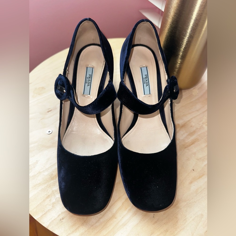 Prada Black Velvet Mary Jane Block Heel Pumps - Picture 6 of 8